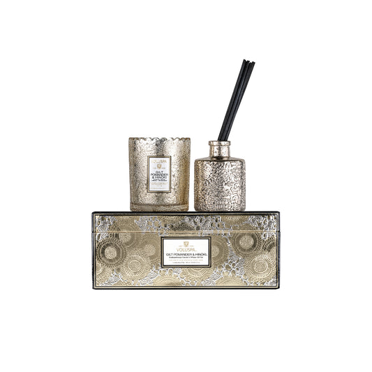 Gilt Pomander & Hinoki- Scalloped Candle + Reed Diffuser Gift Set